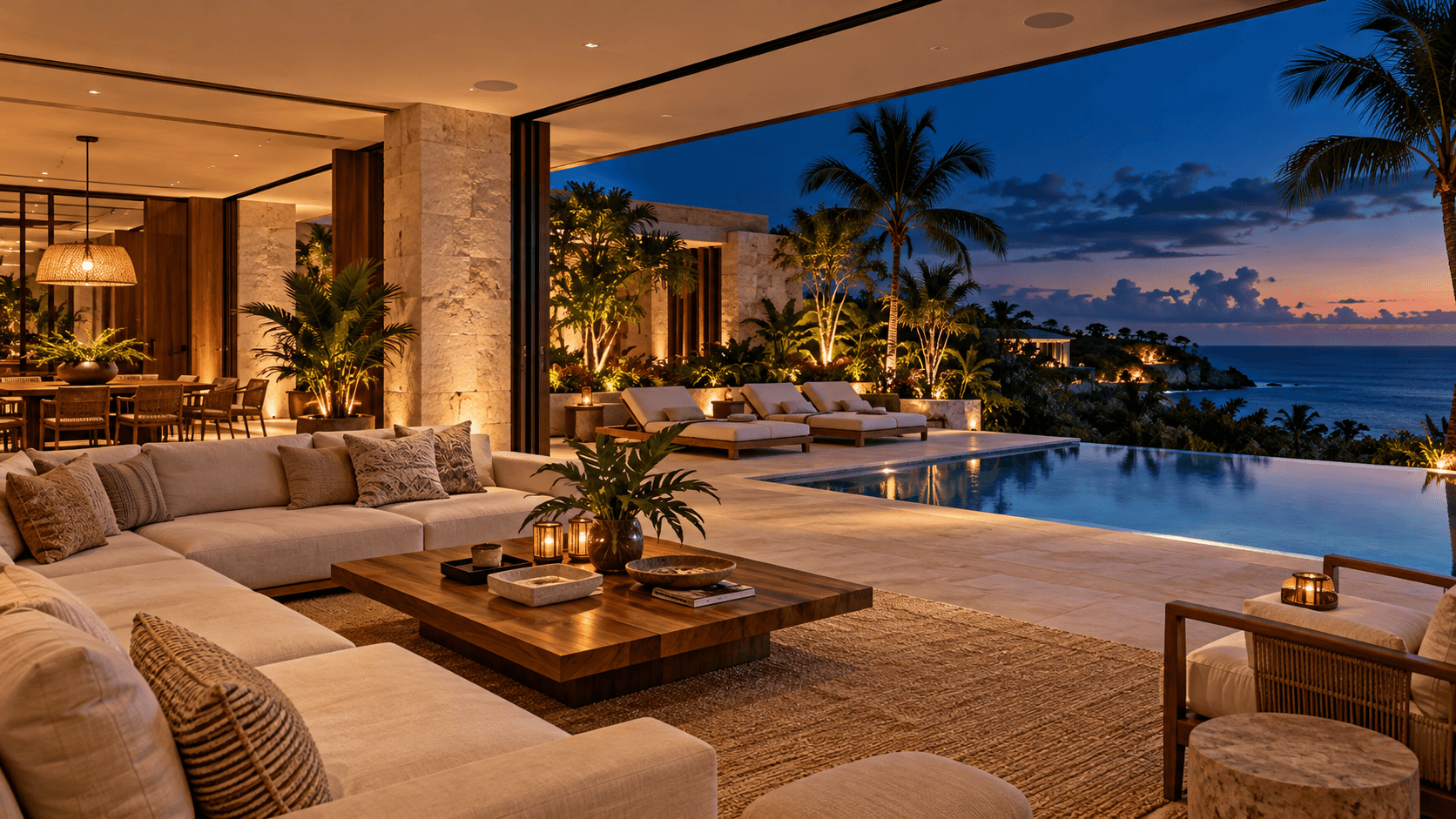 Concepto de hotel contemporáneo con lounge, vegetación tropical y terraza junto a la piscina al atardecer.