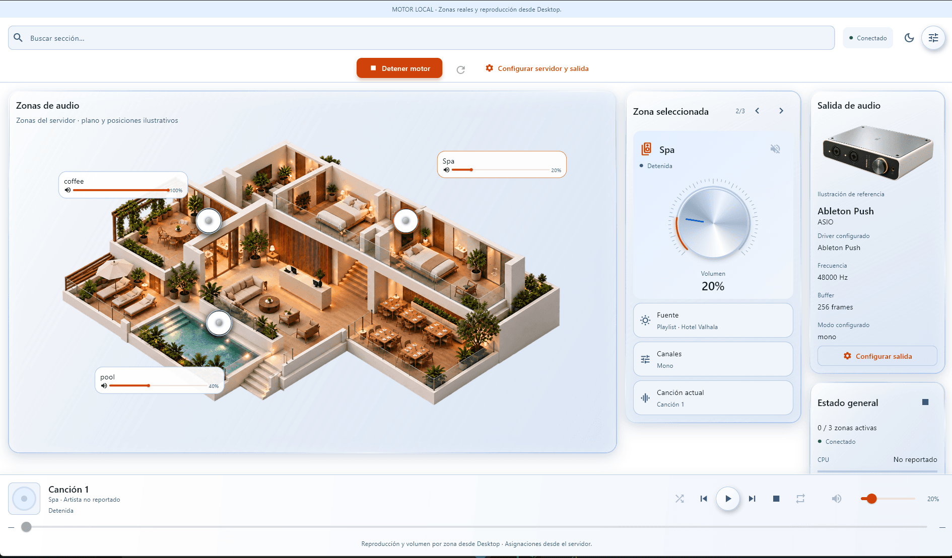 Vista de Utrack Desktop: mapa de una villa, zonas coffee, spa y pool, control de volumen y salida de audio.