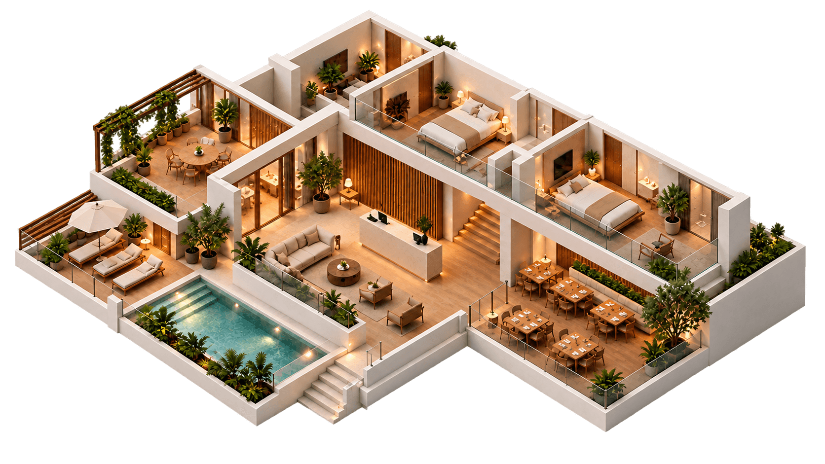 Villa isométrica de demostración con terraza, spa y piscina.